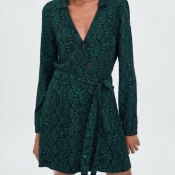 Zara Green Snake Print Long Sleeve Dress - Picture 3 of 10